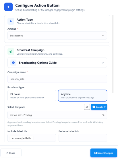 Configure Action Button panel set to Broadcasting, showing a season_sale campaign with Anytime broadcast type and a pending template