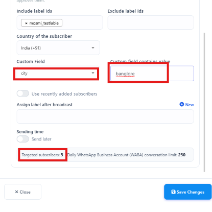 Broadcast settings panel with Custom Field set to city and Custom field contains value set to banglore, showing Targeted subscribers: 5