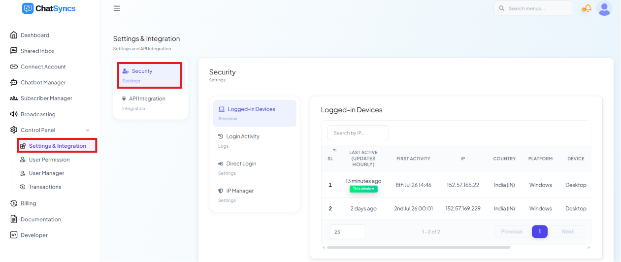 Settings & Integration page with Security selected (as opposed to API Integration), Logged-in Devices selected in the sub-list, and its table showing Last Active, First Login, IP, Country, Platform, and Device for each session