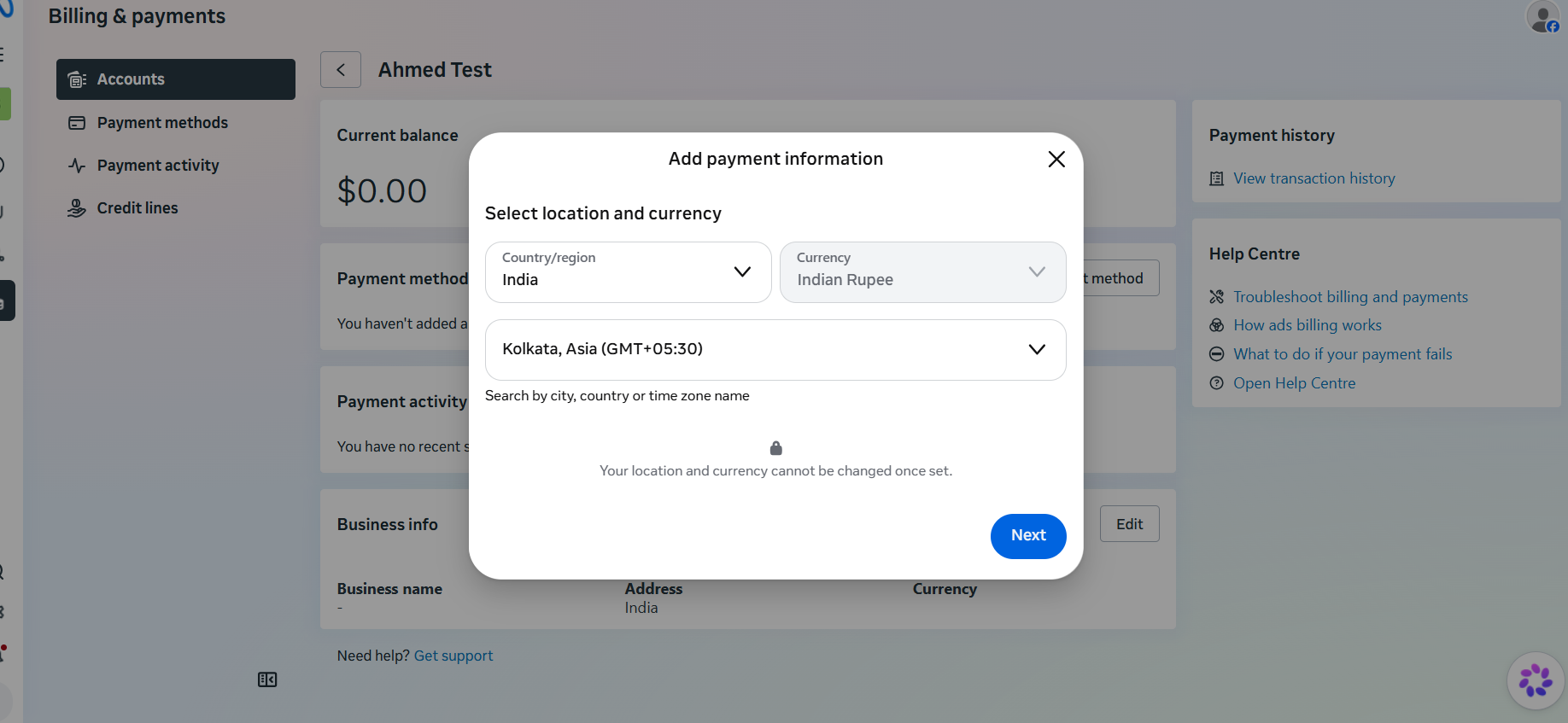 Add payment information dialog with Country/region set to India, Currency set to Indian Rupee, timezone set to Kolkata, and a Next button