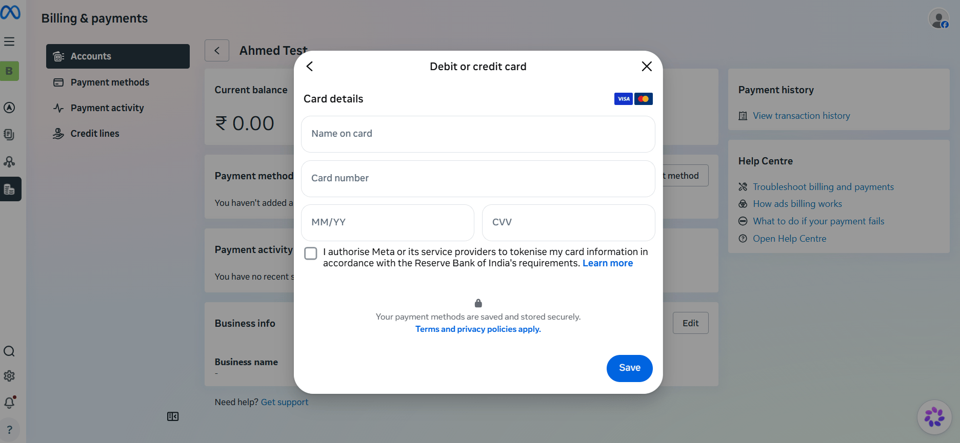 Debit or credit card dialog with Name on card, Card number, MM/YY, and CVV fields, an authorization checkbox, and a Save button