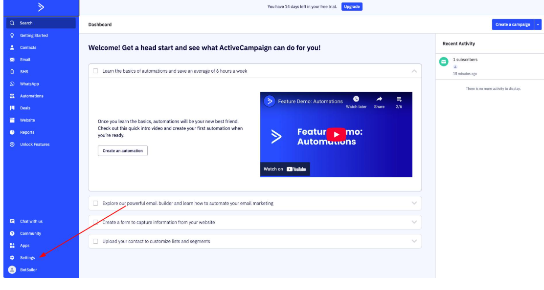 ActiveCampaign Dashboard with the left sidebar showing Search, Getting Started, Contacts, Email, SMS, WhatsApp, Automations, Deals, Website, Reports, and Settings