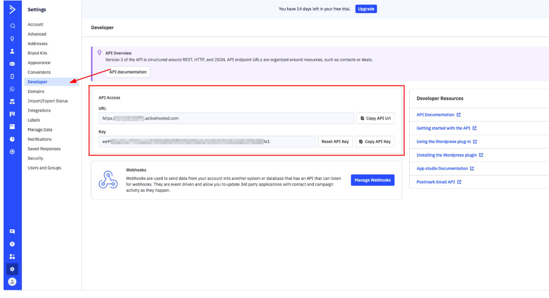 ActiveCampaign Settings Developer page with an API Access panel showing the API URL and Key fields, each with a Copy button