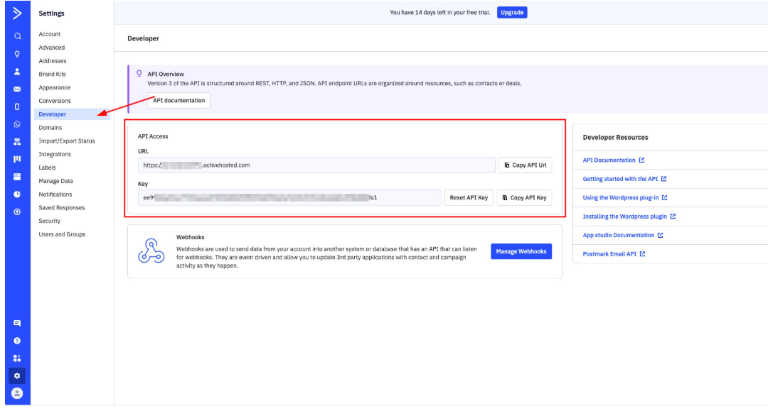 ActiveCampaign Settings Developer page with an API Access panel showing the API URL and Key fields, each with a Copy button
