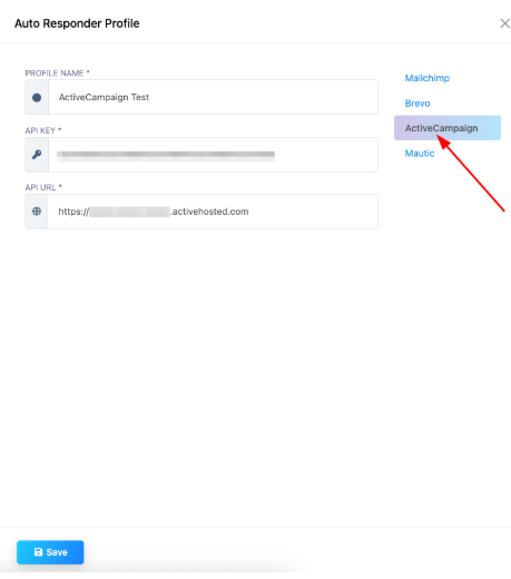 Auto Responder Profile modal with ActiveCampaign selected in the provider list, and Profile Name, API Key, and API URL fields