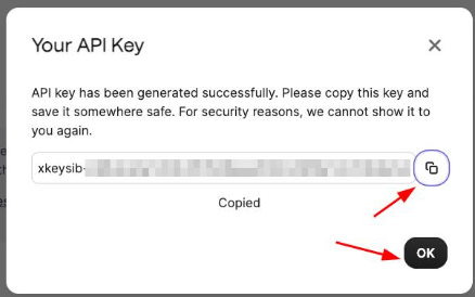 Brevo Your API Key modal confirming the key was generated successfully, with the key value and a Copy to clipboard button