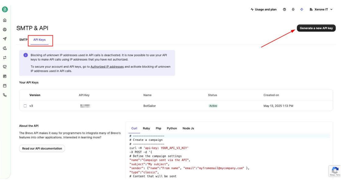 Brevo SMTP & API page with the API Keys tab selected, an existing API key listed, a Generate a new API key button, and a curl code sample