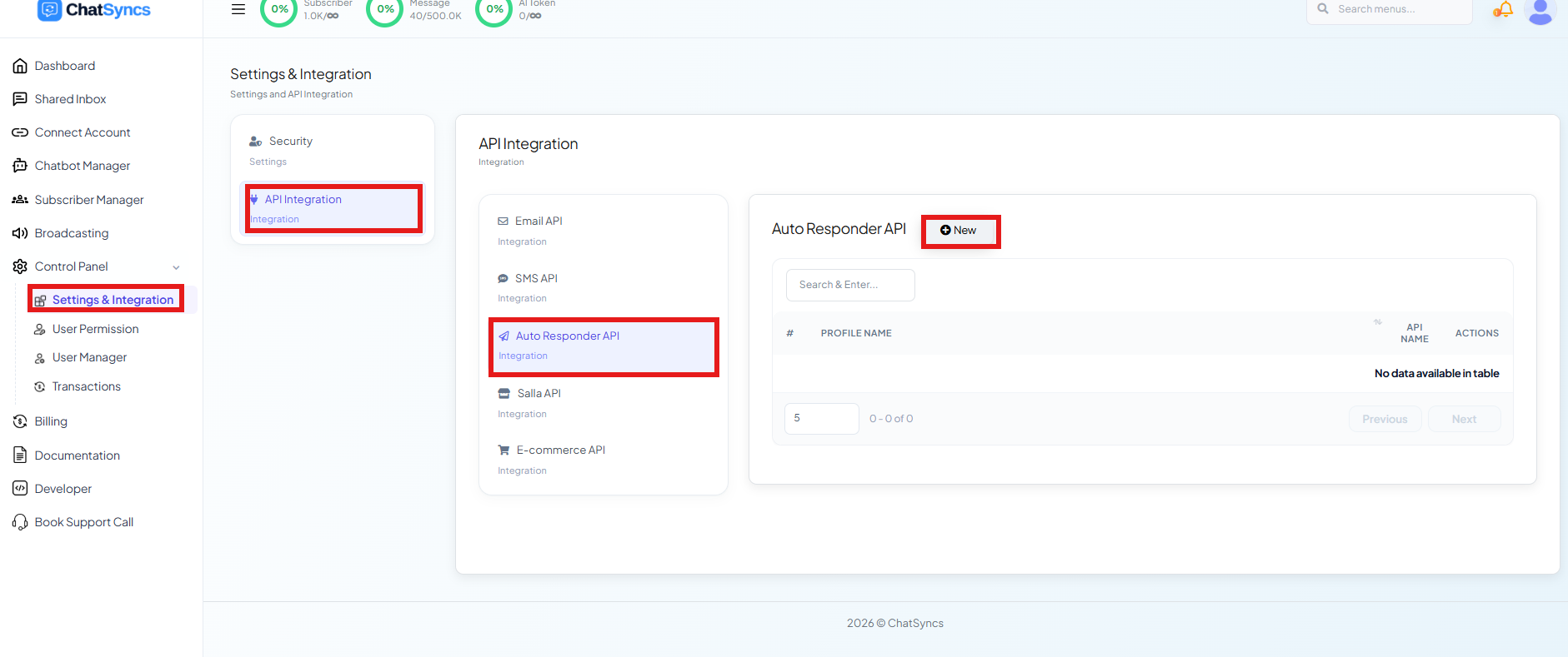 ChatSyncs Settings & Integration page with API Integration selected, Auto Responder API highlighted, and the New button highlighted