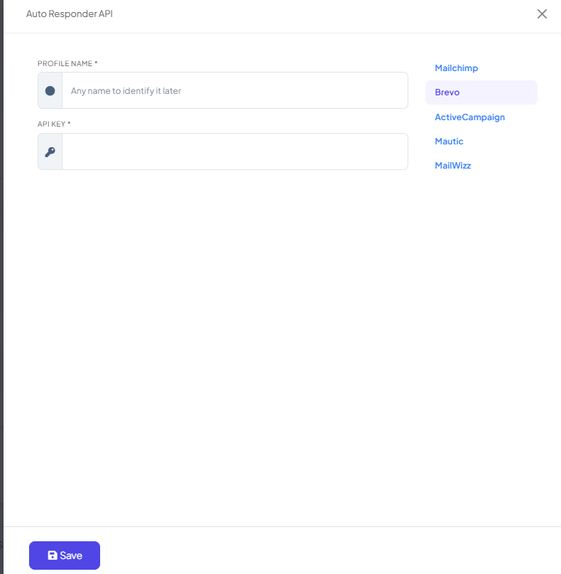 Auto Responder API modal with Brevo selected in the provider list, and Profile Name and API Key fields