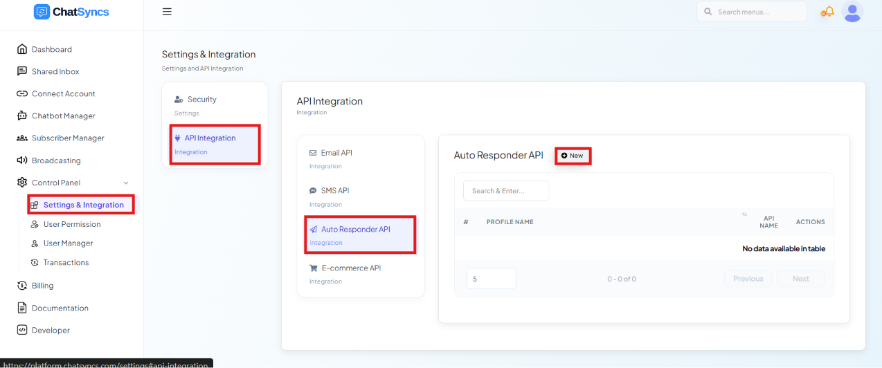 Settings & Integration page with API Integration selected, Auto Responder API selected in the sub-list, and its profile table (empty) with a New button highlighted