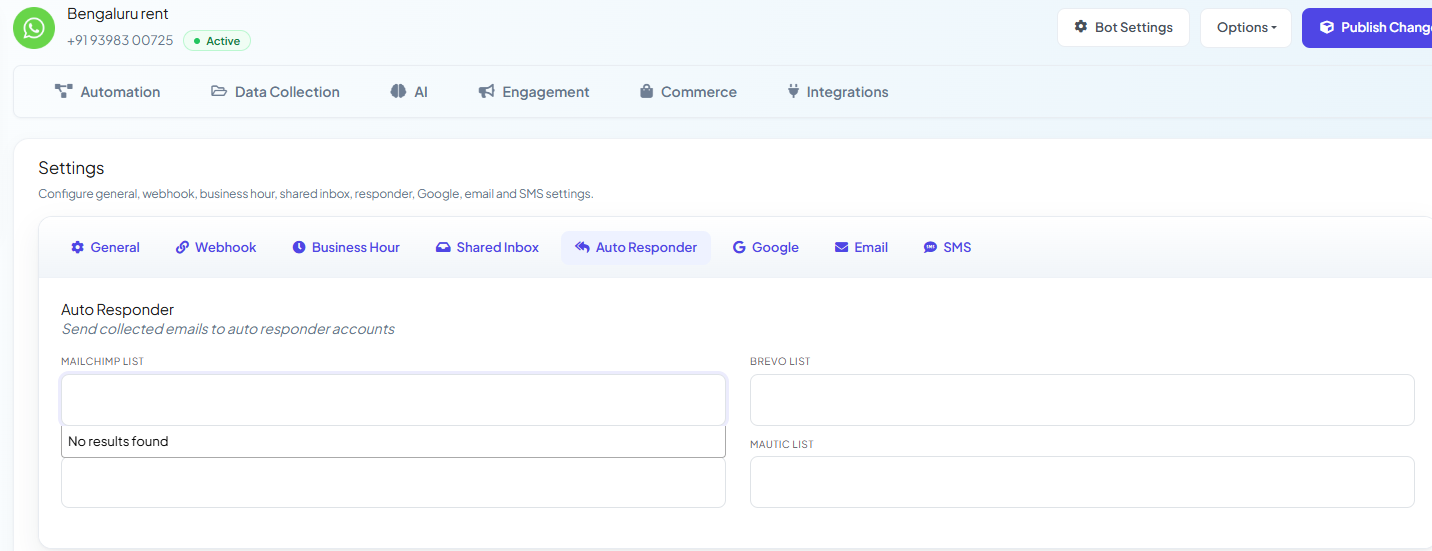 Bot Configuration Settings Auto Responder tab with Mailchimp List, Brevo List, and Mautic List fields