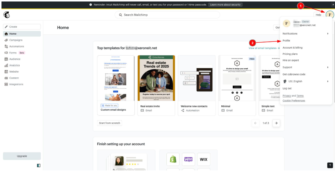 Mailchimp top-right profile menu open, with Profile highlighted below the account name