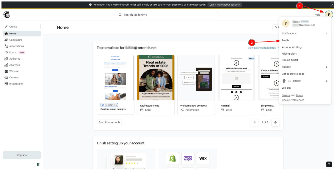 Mailchimp top-right profile menu open, with Profile highlighted below the account name