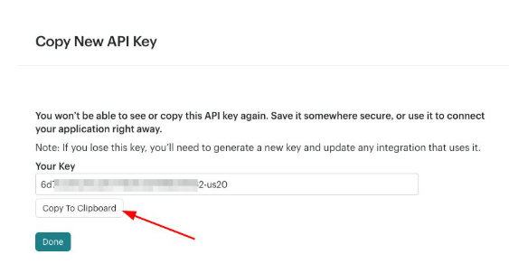 Mailchimp Copy New API Key panel showing the generated key value and a Copy To Clipboard button