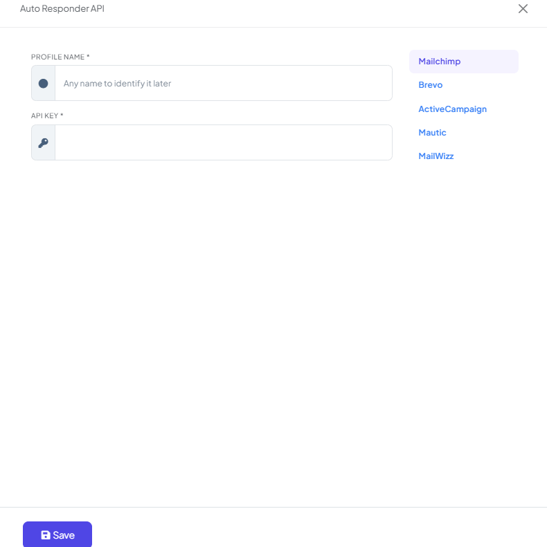 Auto Responder API modal with Mailchimp selected in the provider list, and Profile Name and API Key fields