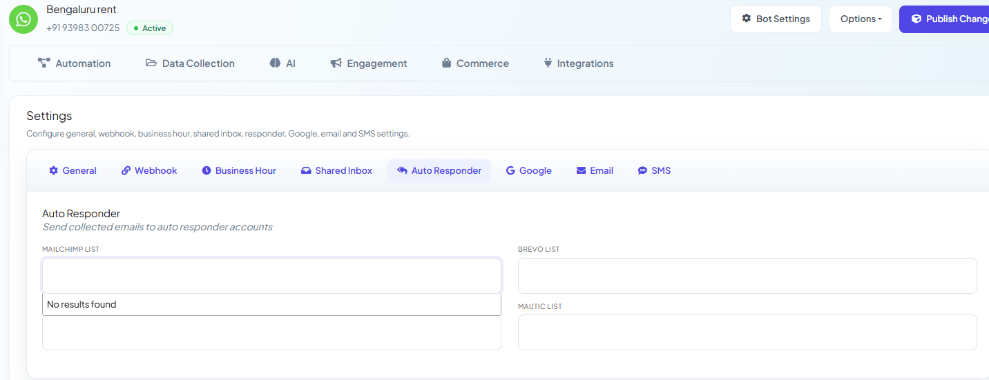 Bot Configuration Settings Auto Responder tab with Mailchimp List, Brevo List, and Mautic List fields