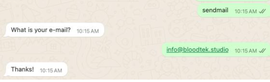 WhatsApp conversation: customer sends sendmail, bot replies What is your e-mail?, customer replies with an email address, bot replies Thanks!