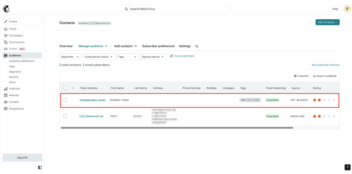 Mailchimp Audience Contacts table with a newly synced contact row showing an email address, Subscribed status, and Source API