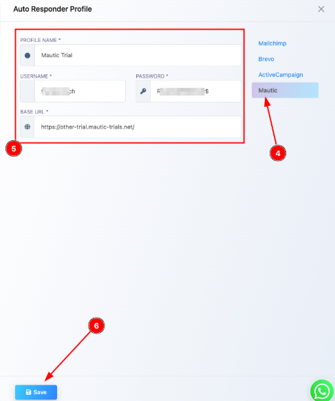 Auto Responder Profile modal with Mautic selected in the provider list, and Profile Name, Username, Password, and Base URL fields filled in