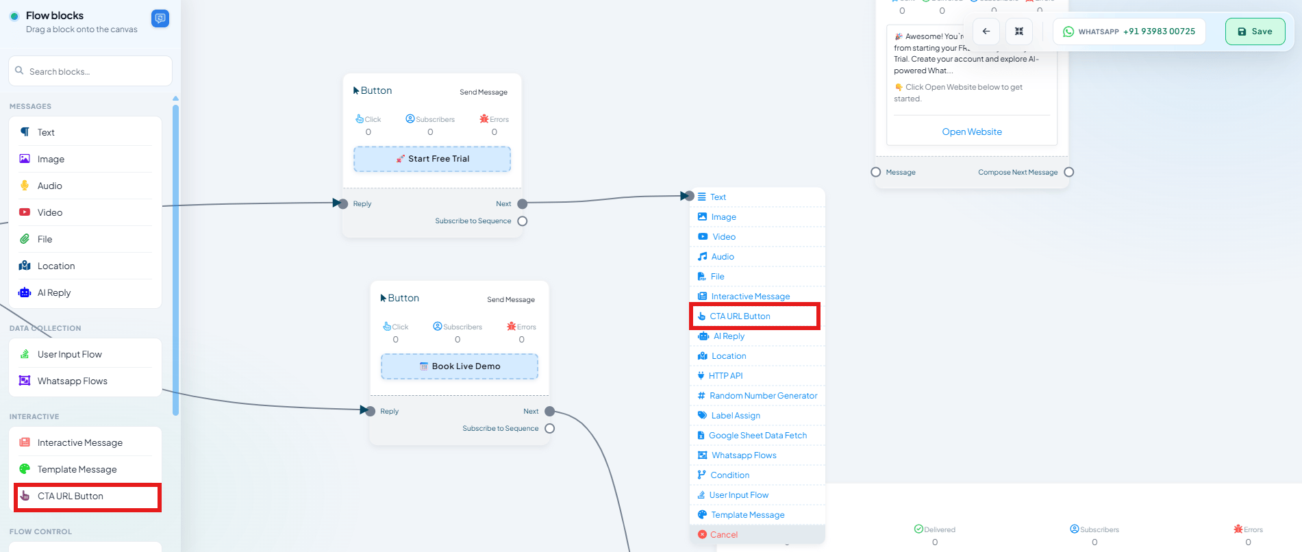 Keyword Replies flow canvas with the flow blocks panel open, CTA URL Button highlighted under Interactive in both the sidebar and the block-picker dropdown attached to a Button flow node