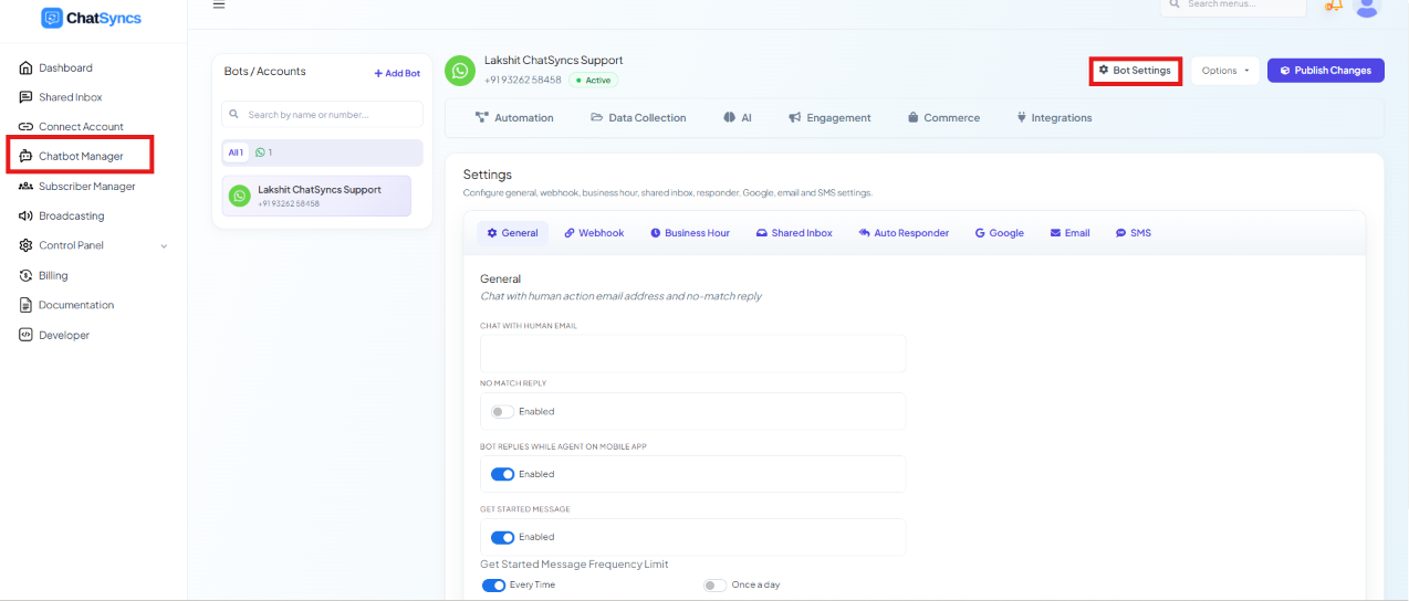 ChatSyncs left navigation with Chatbot Manager selected, and the Bot Settings button highlighted in the top-right corner