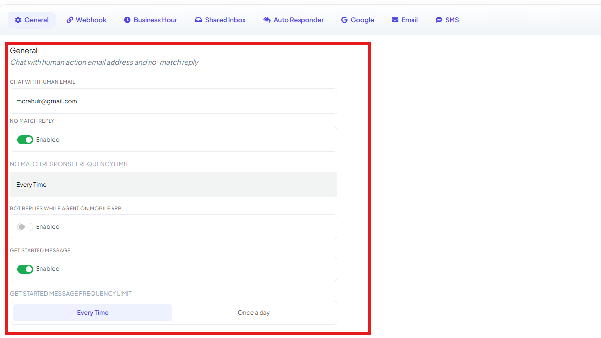 General tab with all fields: Chat with Human Email, No Match Reply, No Match Response Frequency Limit, Bot Replies While Agent on Mobile App, Get Started Message, and Get Started Message Frequency Limit, with the eight Bot Settings tabs visible at the top