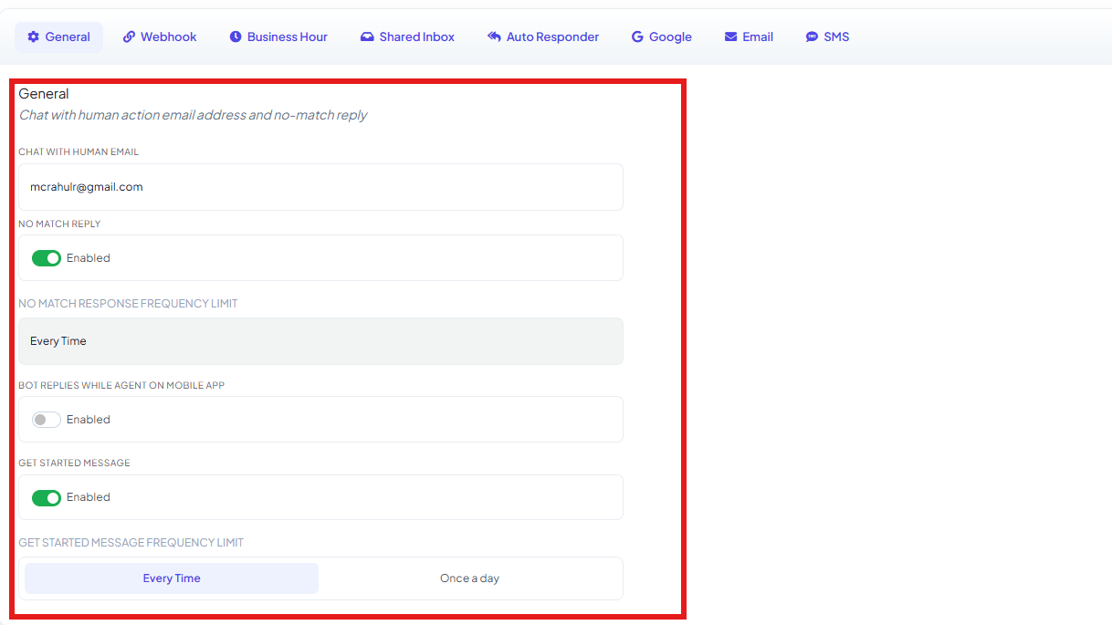 General tab with all fields: Chat with Human Email, No Match Reply, No Match Response Frequency Limit, Bot Replies While Agent on Mobile App, Get Started Message, and Get Started Message Frequency Limit, with the eight Bot Settings tabs visible at the top