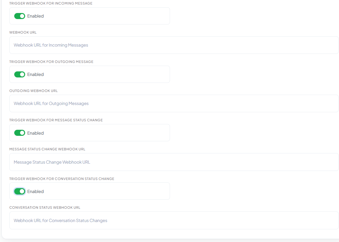Webhook tab showing all four triggers enabled with their URL fields: Webhook URL for Incoming Messages, Outgoing Webhook URL, Message Status Change Webhook URL, and Conversation Status Webhook URL