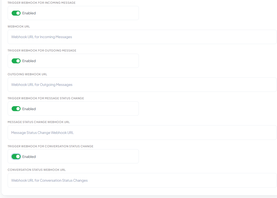Webhook tab showing all four triggers enabled with their URL fields: Webhook URL for Incoming Messages, Outgoing Webhook URL, Message Status Change Webhook URL, and Conversation Status Webhook URL