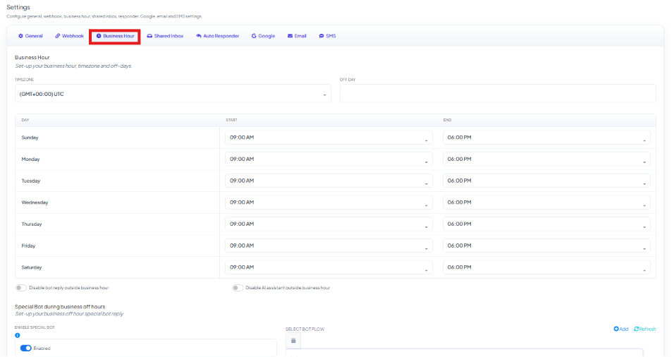 Business Hour tab showing timezone, off day, and a weekly Start/End schedule table