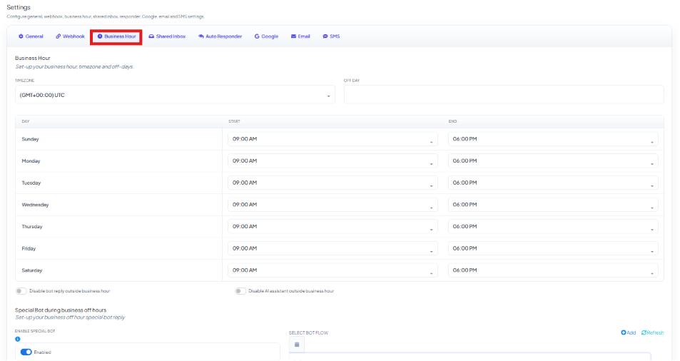 Business Hour tab showing timezone, off day, and a weekly Start/End schedule table
