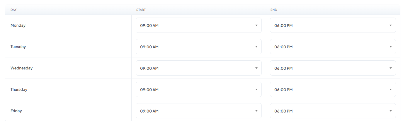 Business Hours Schedule table with Day, Start, and End columns, Monday through Friday set to 09:00 AM - 06:00 PM