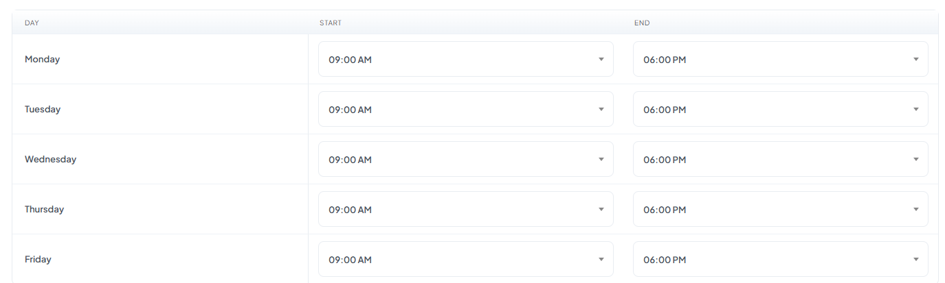 Business Hours Schedule table with Day, Start, and End columns, Monday through Friday set to 09:00 AM - 06:00 PM