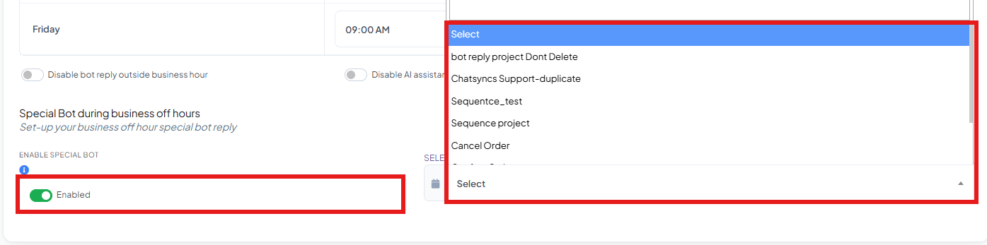 Enable Special Bot toggled on, revealing a Select dropdown listing existing Keyword Replies flows to run during business off hours