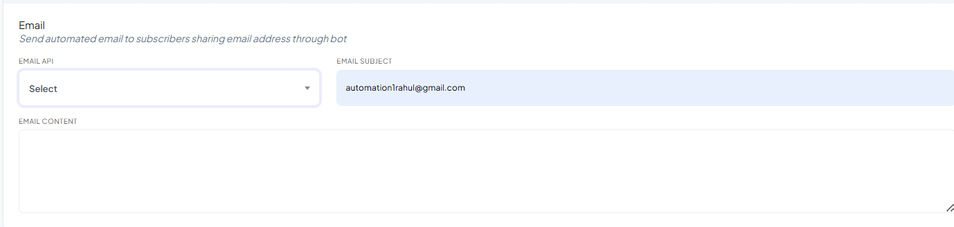 Email tab with Email API dropdown, Email Subject field, and Email Content textarea