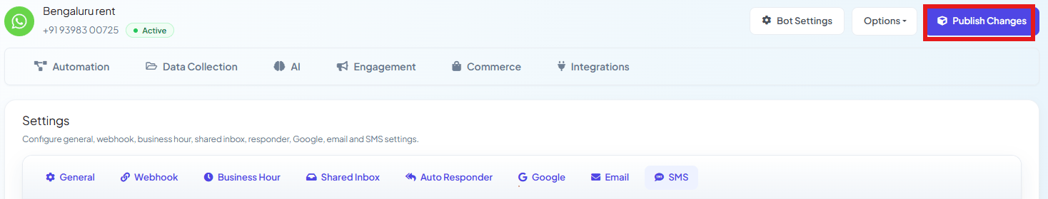 Bot Settings panel with the Publish Changes button highlighted in the top-right corner