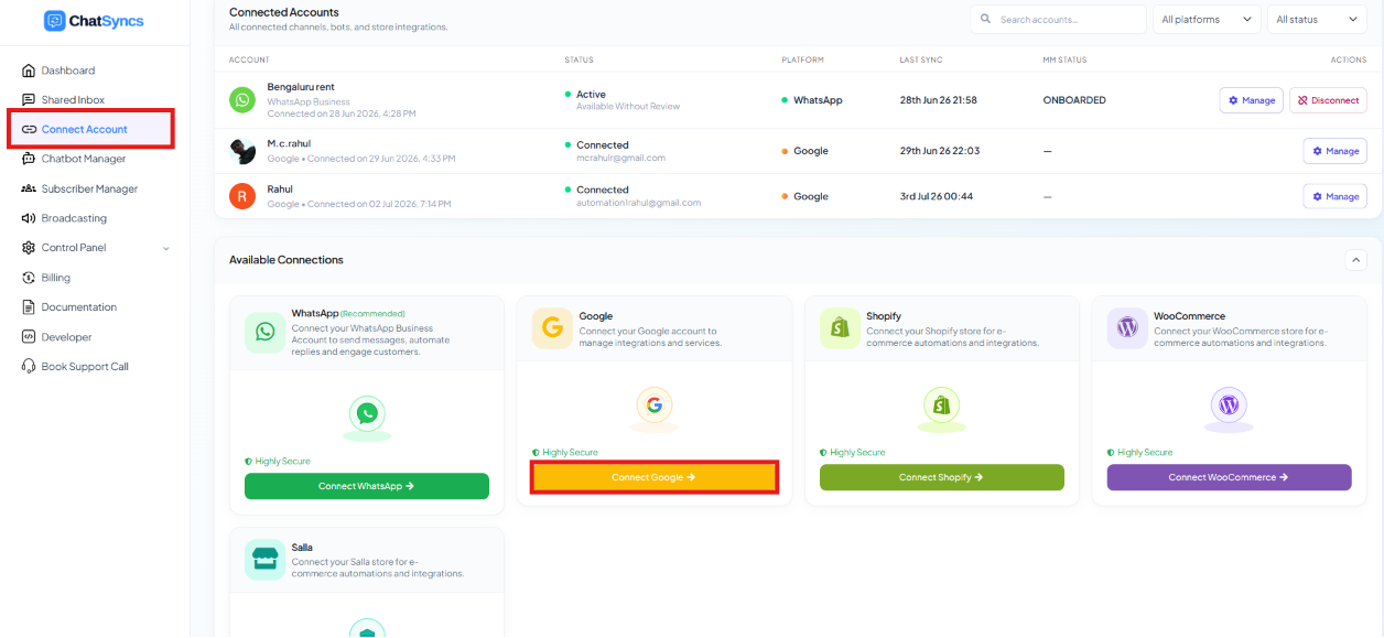 ChatSyncs Connect Account page listing available connections — WhatsApp, Google, Shopify, WooCommerce, Salla — with the Connect Google button highlighted