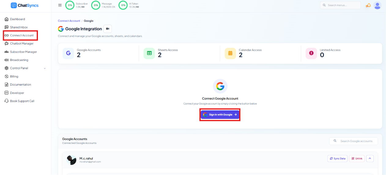 Google Integration page showing Google Accounts, Sheets Access, Calendar Access, and Limited Access counts, with a Connect Google Account card and Sign in with Google button