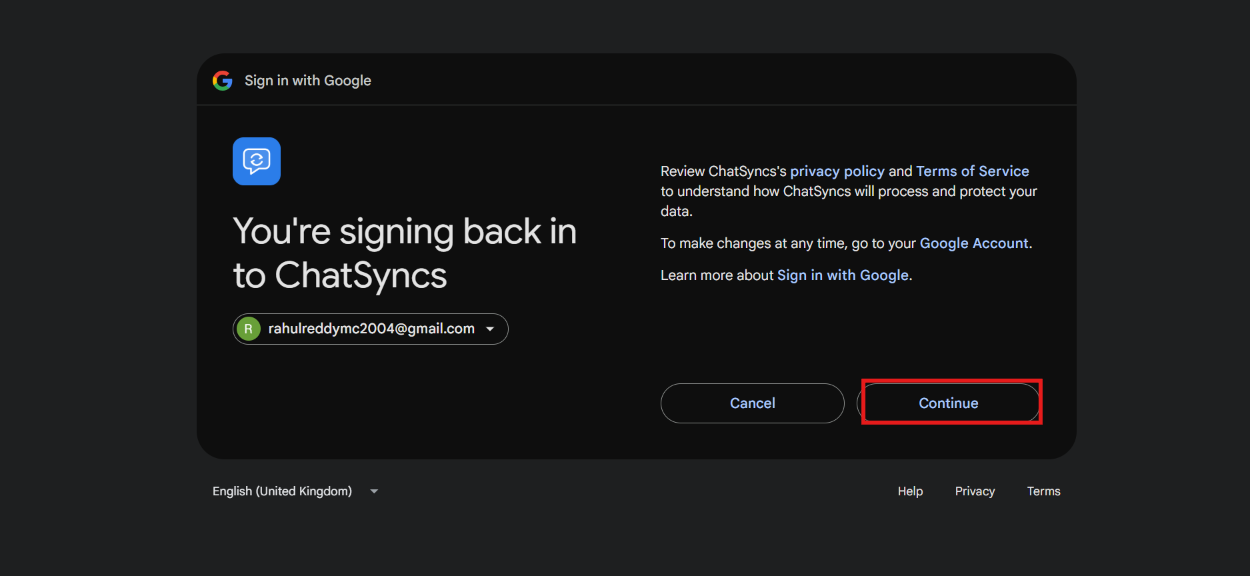 Google You're signing back in to ChatSyncs screen with account and Continue button
