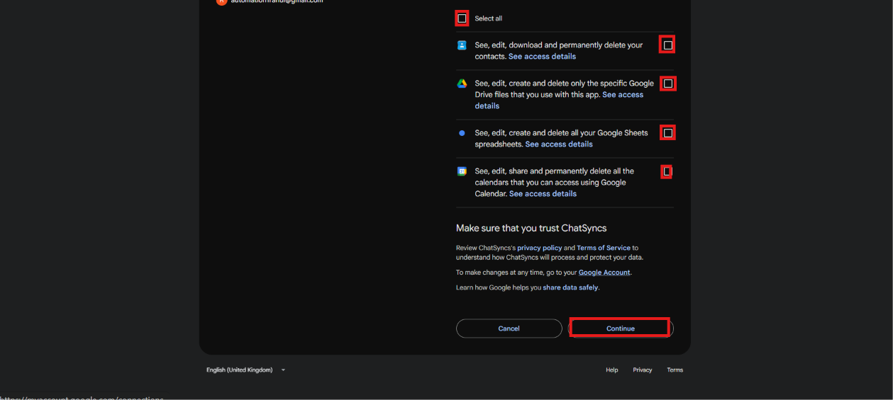 Google consent screen listing Contacts, Drive, Sheets, and Calendar permissions with checkboxes and a Continue button