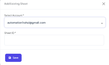 Add Existing Sheet form with Select Account and Sheet ID fields