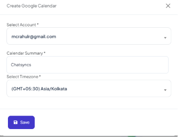 Create Google Calendar form with Select Account, Calendar Summary, and Select Timezone fields