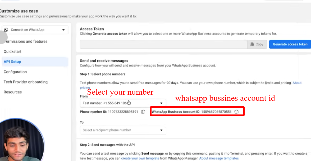 Meta app API Setup screen showing the test number, Phone Number ID, and WhatsApp Business Account ID