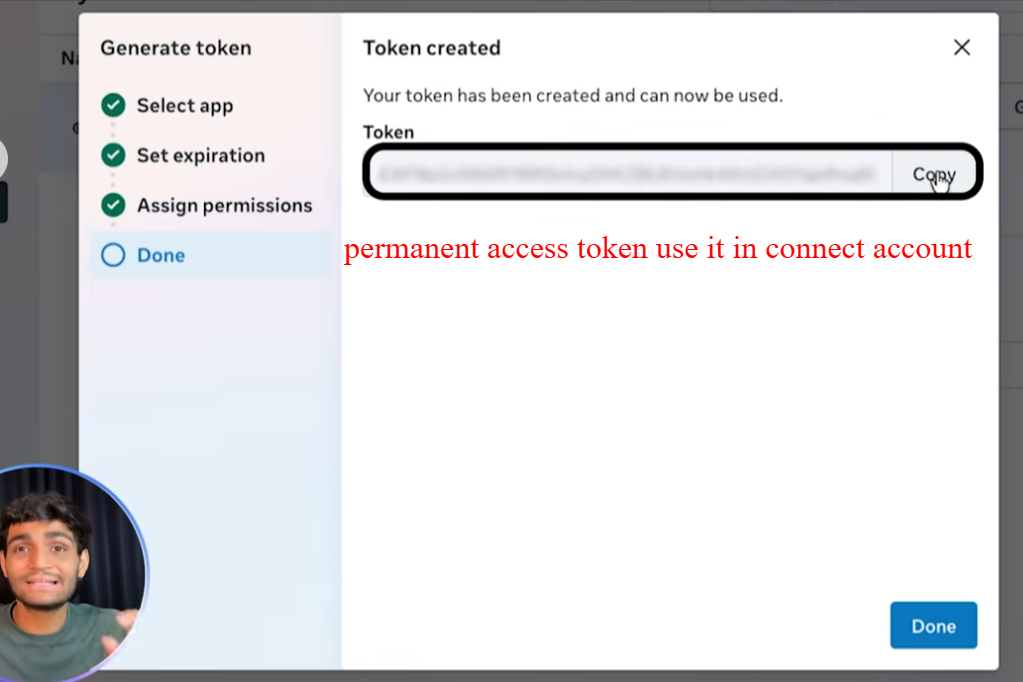 Meta Business Manager token created screen with the permanent access token shown once