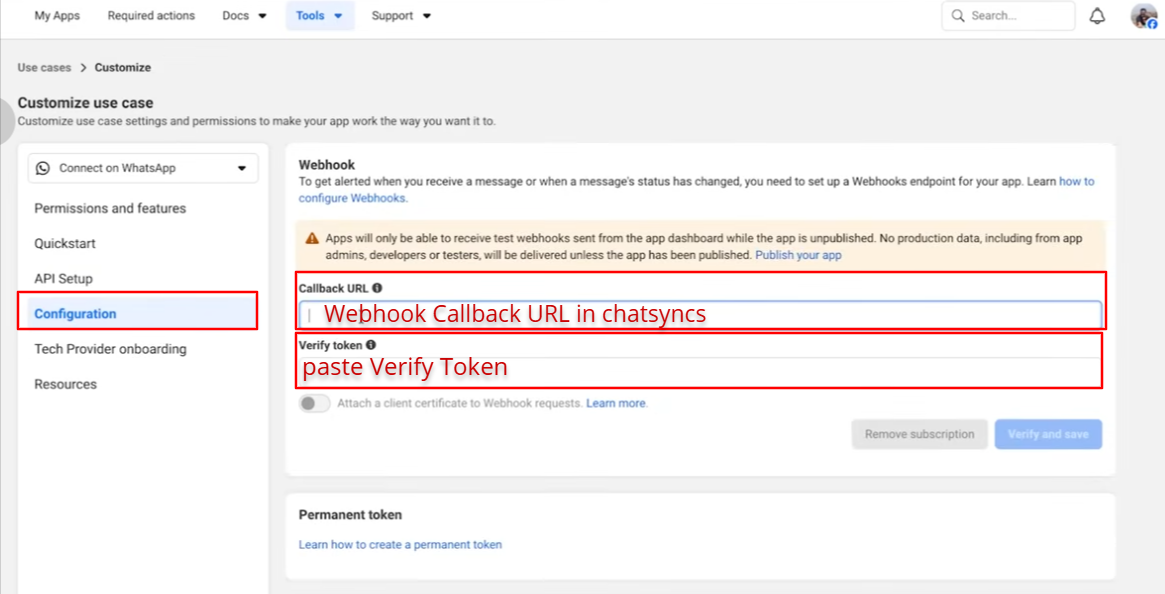 Meta app Configuration tab with Callback URL and Verify token fields filled in from the ChatSyncs panel