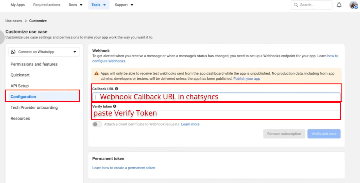 Meta app Configuration tab with Callback URL and Verify token fields filled in from the ChatSyncs panel