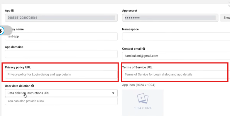 Meta app Basic Settings with Privacy Policy URL and Terms of Service URL fields