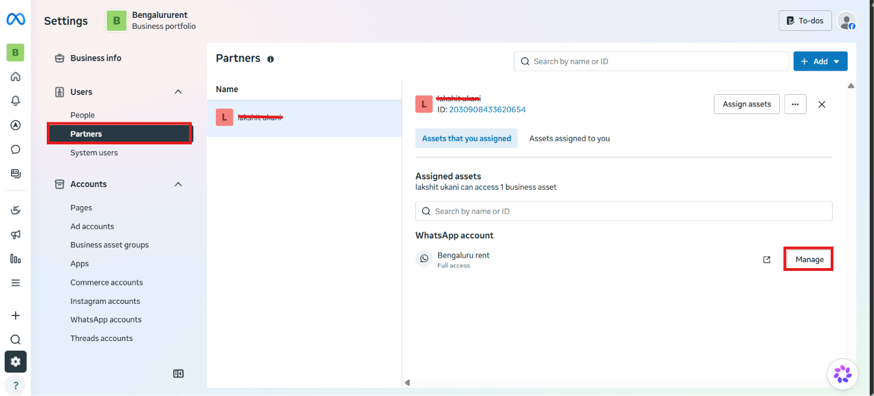 Meta Business Suite Settings, Partners list showing one partner assigned Full access to a WhatsApp account, with the Manage button highlighted next to the account