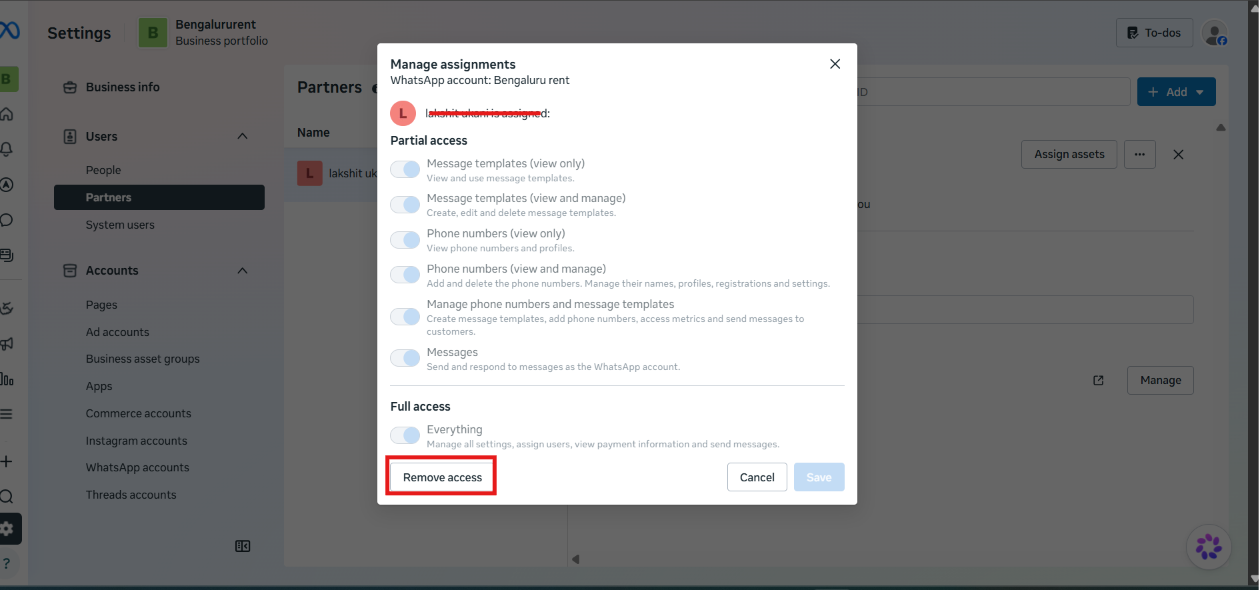Manage assignments dialog for a WhatsApp account, showing Partial access toggles and a Full access Everything toggle, with the Remove access button highlighted