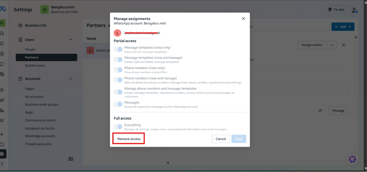 Manage assignments dialog for a WhatsApp account, showing Partial access toggles and a Full access Everything toggle, with the Remove access button highlighted